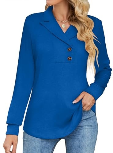 Tisfeer Pullover Damen Sweatshirt V-Ausschnitt Langarm Elegant Lässig | Reverskragen V-Ausschnitt mit Zierknöpfen Weich Locker Einfarbig Tunika Oberteile für Alltag Arbeit Freizeit Herbst Winter