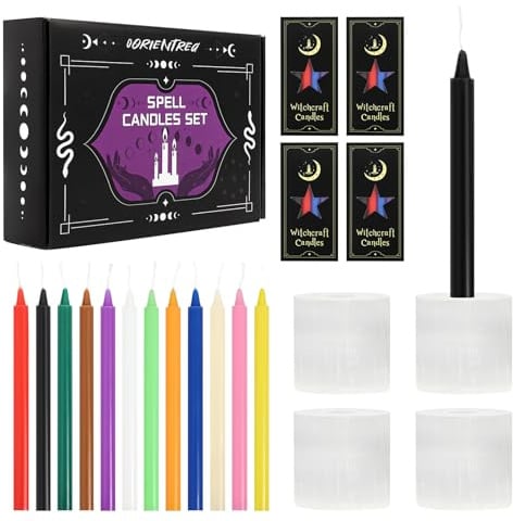 Zauberkerzen 48er-Set mit 4 passgenauen Selenit-Halterungen | Stabkerzen Bunt für Hexerei, Rituale, Meditation, Altar, Kein Kippen, sicheres Abbrennen