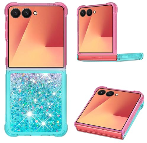 COTDINFOR Hülle für Samsung Galaxy Z Flip 7 Glitzern Handyhülle Fließende Flüssigkeit schwimmt Quicksand Floating Bling Stoßfest TPU Bumper Gradientenfarbe Cover für Galaxy Z Flip 7 Pink-Blue JBLS.