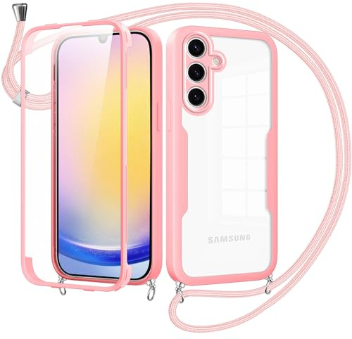 Jrkvniv Collier Coque pour Samsung Galaxy A25 5G avec Protecteur D'écran Intégrée,360 Degrés Transparent Réglable Étui Cordon Housse Antichoc Anti-Rayures Tactile Deux Couches Protection Etui-Rose