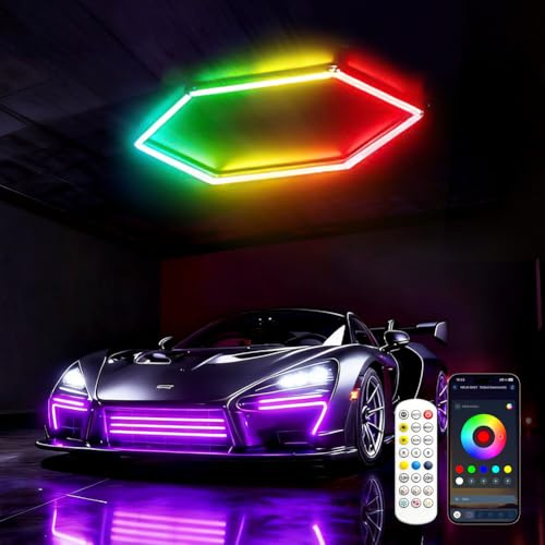 LED Sechseckleuchten, RGB Garagenlampe mit 358 Farbmodi,54W 4 Musikmodi, Fernbedienung, IP54 Wasserdicht, Dimmbar, für Spielzimmer, Fitnessstudio, Party, Bar