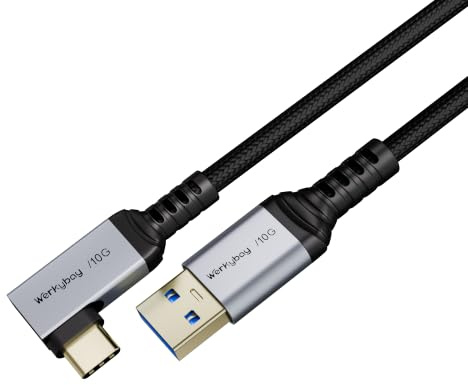 Werkybay Câble de Données USB-A vers Type-C de 0.3m, Haute vitesse 10 Gbps, Coudé 90 Degrés, Charge Rapide 3A/60W, 30cm Câble de Charge USB-C en Nylon Tressé pour i-Phone 17/16, Galaxy S25/24, SSD,PS5
