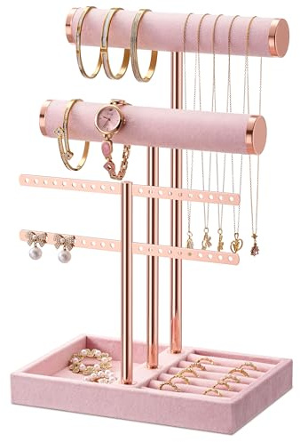 Josmimic 3 Tier Bracelet Holder Display - Detachable T Bar Pink Velvet Bracelet Holder, Jewelry Holder Organizer for Bracelet, Necklace, Watches, Rings