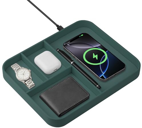 VOVIPO Faux Leather Valet Tray,with 2 in 1 Wireless Charging Compatible with iPhone/17/16/15/15 Plus/15 Pro/15 Pro Max/14/13/12/Wireless earphones,Office/Home Desk Organizers Tray-Mint