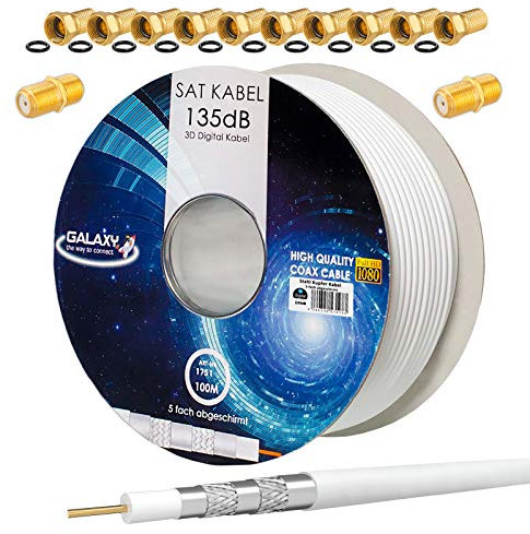 Cavo coassiale satellitare CCS da 135dB 100m schermatura a 5 strati, bianco, cavo coassiale in acciaio e rame per impianti DVB-S/S2/C/T BK con 10 connettori F dorati e 2 connettori F inclusi