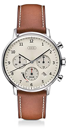 Audi 3102100100 Chronograph Solar Uhr Armbanduhr Ringe Logo Leder, braun/beige