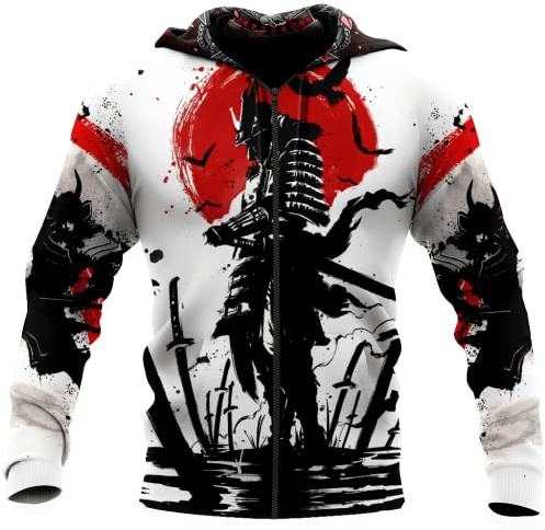 BBYOUTH 3D-Druck Oni Maske Samurai Tattoo Hoodies Männer Herbst Mode Freizeitjacke Pullover Trainingsanzug DW697,Zipper,L