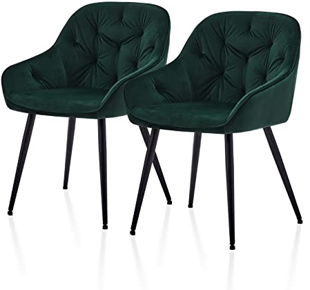 TUKAILAI Esszimmerstühle 2er Set aus Samt, Küchenstuhl Polsterstuhl Wohnzimmerstuhl mit Armlehne Rückenlehne Gepolstert Metallbeinen,Sessel Freizeitstuhl für Küche Wohnzimmer Lounge, Grün