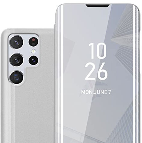Cadorabo Hülle kompatibel mit Samsung Galaxy S22 Ultra Schutzhülle TPU Silikon Case 360 View Spiegel, Slim Kratzfest Weiche Gummi mit Rundumschutz Cover Hülle für Galaxy S22 Ultra in Silber