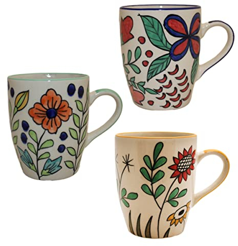 Gall&Zick Kaffeetasse mit Blumenmuster, handbemalte Keramik, ca. 350ml, Set/3
