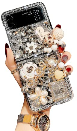 CrazyLemon für Samsung Galaxy Z Flip 4 5G Hülle Klar Luxus Glitter Silber Kürbis Parfüm Flasche Strass Kristall Bling Funkeln Glänzend Schutzhülle Cover für Frauen Dame Mädchen