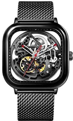 CIGA Design Automatik Uhr Herren - C Serie Armbanduhr Damen 40mm Quadratisch Edelstahl Saphirglas mit Milanaise und Leder Armband(Schwarz)