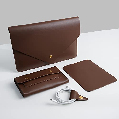 Benfan 13 Leather Laptop Sleeve Case Compatible for MacBook Air M2,13 MacBook Pro M2,Surface Pro 3 4 5 6 7,Dell XPS 13 with Small Pocket, Mouse Pad and Cable Organizer Color Darar K Brown
