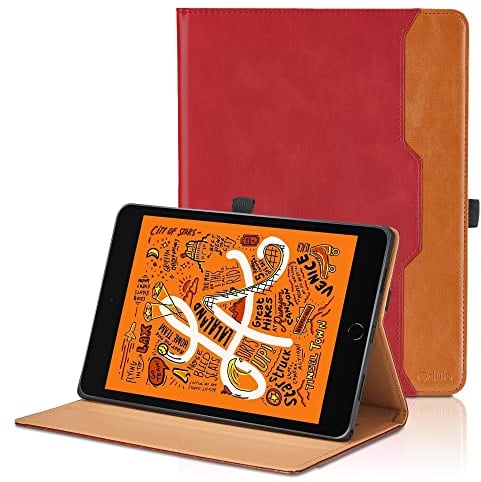 Case for iPad Mini 7.9 Inch, iPad Mini 5/4/3/2/1 PU Leather Smart Cover with Pocket & Pencil Holder, Auto Wake/Sleep Function Multi-Angle Viewing Stand Cover - Red