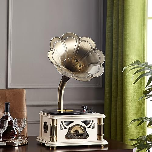HZLSBL - Classic Gramophone with Bluetooth Output, Retro Gramophone Turntable for 7 Inch, 9 Inch, 12 Inch, 3 Speed, Hi-Fi, Handmade by Pure Oak (Gold