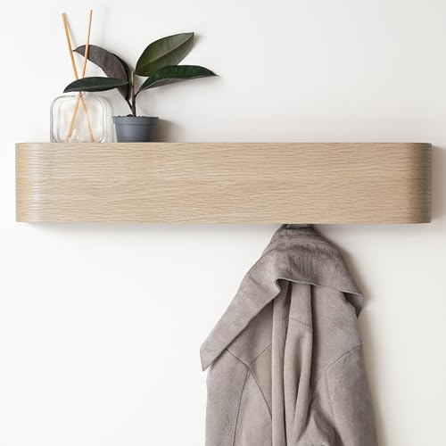 Kazai. Wandgarderobe 'Toke' | Moderne Design-Garderobe mit verdeckten Wandhaken | Garderobenpaneel aus Massivem Echtholz-Furnier | Eiche, weiß