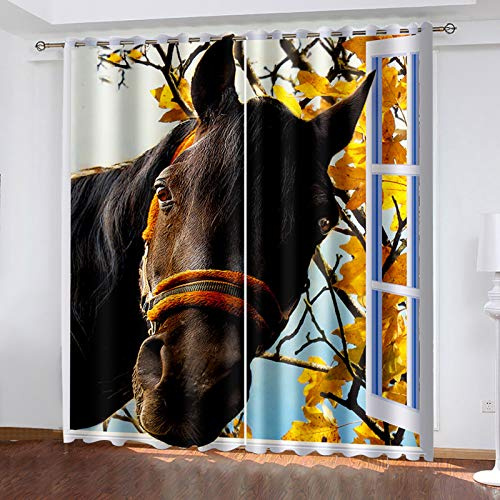 HOUKAI Vorhänge Kurz Fenster Wohnzimmer 3D Nur Tier Pferde Vorhang Verdunkelung Blickdicht Gardinen 140x160 cm Vorhänge Schlafzimmer Mit Muster Modern 2Er Set, Vorhänge Für Kinder Mit Ösen