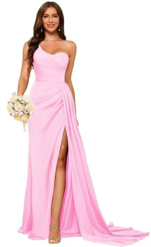 Dessiny Robes de demoiselle d'honneur sirène asymétrique pour femme 2025 avec fente longue froncée en satin DE94, rose, 42