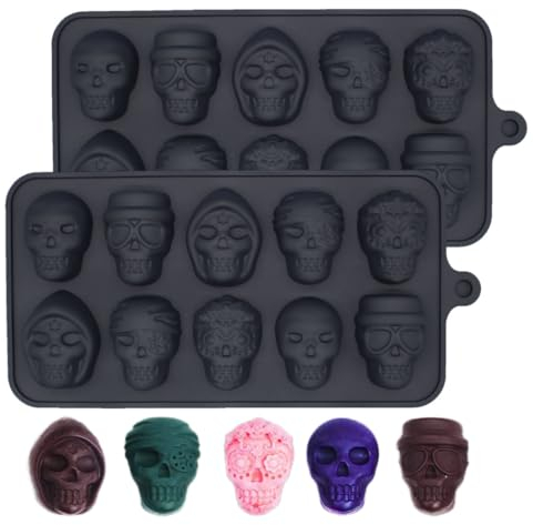 EzSyooAM 2 Pcs Skull Chocolate Moulds Skull Ice Cube Moulds Candy Molds Silicone Ice Cube Mould Tray for Whiskey Cocktail Liqueur and Gin Glasses