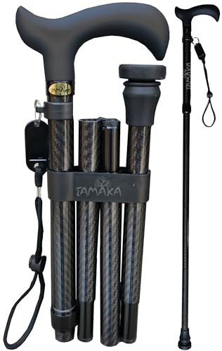 TAMAKA Gehstock aus Premium-Kohlefaser, 4-teilig, faltbar, verstellbar, für Herren, Damen und Damen, mit weichem Griff, leicht und stark, trendig, stilvoll, kompakt, faltbar, 85,1 cm bis 95,2 cm
