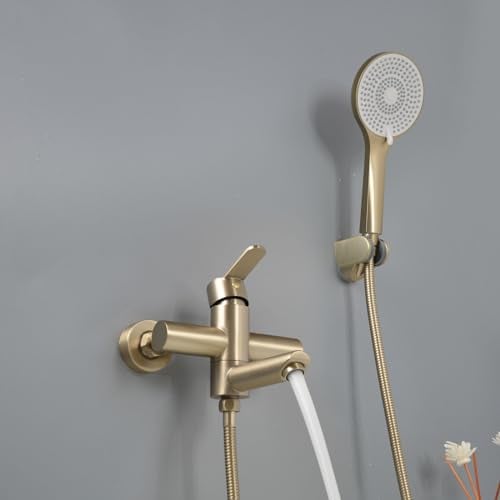 PHASAT Robinet baignoire mural avec douchette en Acier Inoxydable Mitigeur Douche Mural Baignoire bec rotatif à 90°, or brossé