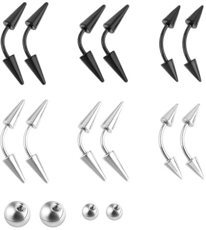 Yolev 16 Pcs Eyebrow Piercing Jewelry, Curved Barbell Eyebrow Tragus Lip Rings with Balls, Lip Rings, Spike Tragus Helix Earrings Rook Nose Bridge Rings for Women Men