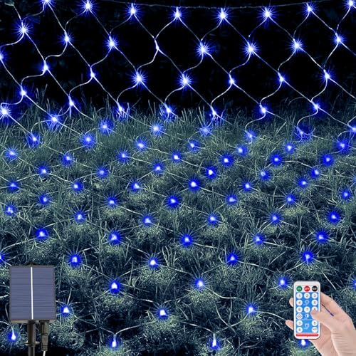 OPAHUTER 96 LEDs Solar Lichternetz Außen, 1,5 x 1,5 M Wasserdichte Lichterkette Netz, Fernbedienung Lichterketten Vorhang mit 8 Modi, Solar Lichternetz für Weihnachten Hochzeit Fenster Büsche