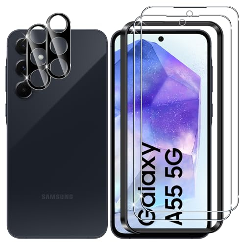 Lutree pour Samsung Galaxy A55 5G Verre Trempé, 2+2 Pièces Protection écran + Caméra Arrière Protecteur Film (Noire), 9H Dureté HD Sans Bulles Anti-Rayures Vitre Trempé Protecteurs d'écran
