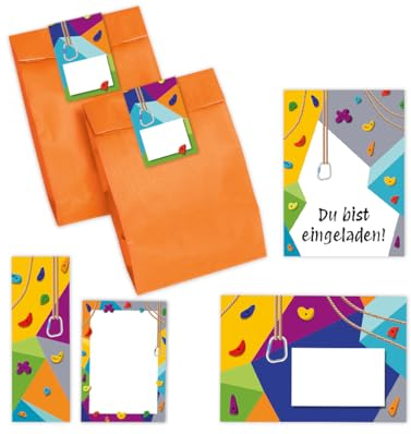 10 Einladungskarten zum Kindergeburtstag Klettern Bouldern Mädchen Jungen Climbing Party incl. 10 Umschläge, 10 Partytüten/orange, 10 Aufkleber, 10 Lesezeichen, 10 Mini-Notizblöcke