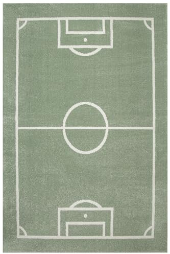 AKCILA Rechteckig Kinderteppich Lima Fußball Feld Grün 140x190 cm, Teppiche für EIN Kinderzimmer mit kurzem Flor, Kinderteppich Jungen, Teppich Teenager Kinderspielteppich, Spielteppich, Kids Carpet