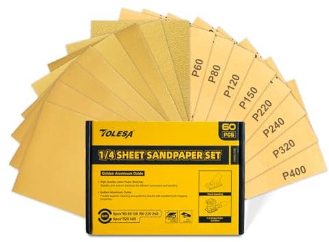Tolesa Schleifpapier Set 60 Stück, 60 bis 400 Sandpaper Sheets 114x140mm, Körnung Sandpapier für Holz Möbel Finishing, Metall Schleifen, Automotive Polieren