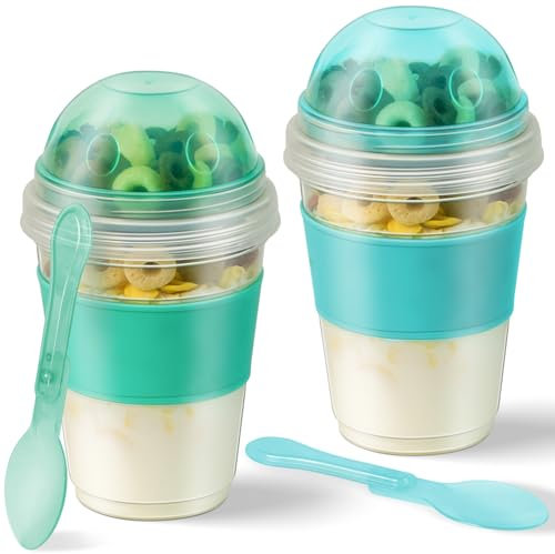 Freshmage® Bicchieri per parfait per yogurt con coperchio, confezione da 2 contenitori riutilizzabili per avena da 590 ml, con coperchio, scomparto superiore e cucchiaio da asporto per la preparazione