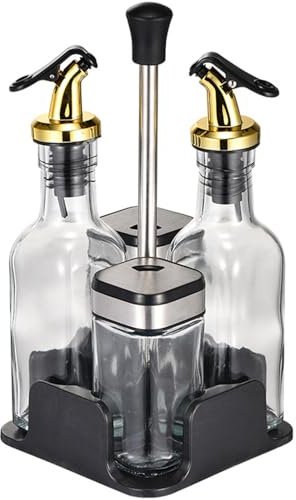 TINMIX Revolving Spice Rack Organizer, Countertop Seasoning Holder with 2 100ml Glass Jars and 2 150ml Oil Dispenser/Liquid Bottle, Modern & Fashion, Silver-Black