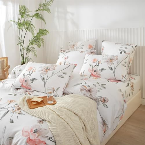 YASMENG Housse de Couette 220x240 Fleurs Motif Rose Gris Blanc Floral Parure de Doux Microfibre Lit Linge de Lit 2 Personne Adulte avec Fermeture Éclair avec Taies d'oreiller 65x65 cm