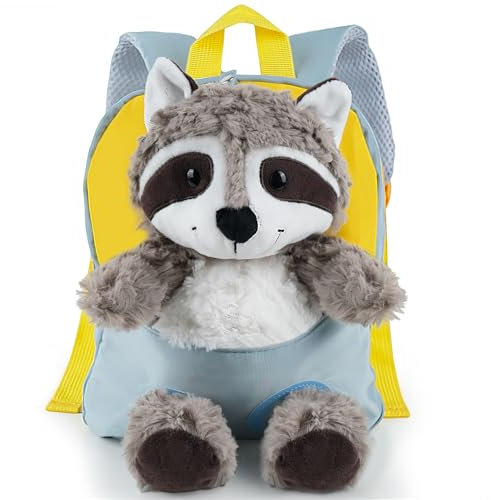 KOMUNJ Kleinkind Rucksack, Abnehmbarer Plüsch Puppe Kindergartenrucksack, Cartoon Kinder Rucksack Tier Cartoon Mini Tasche Plüsch Kinder Rucksack, für Baby 1-5 Jahre (Waschbär)