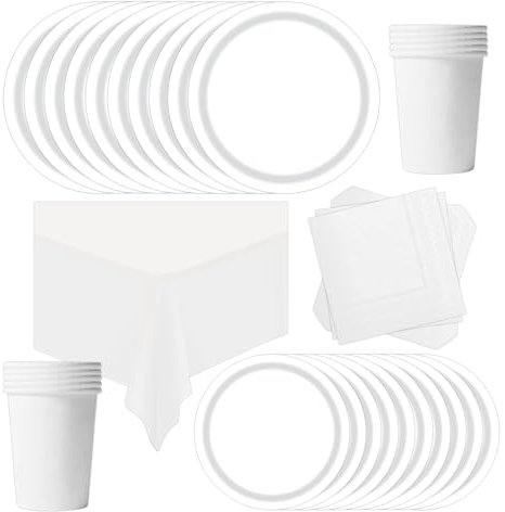 POPOYU Juego de 69 piezas de vajilla de papel blanco para fiesta, platos de papel de fiesta, mantel, papel, vasos y servilletas, juego de vajilla para cumpleaños, boda, decoración del 80 aniversario