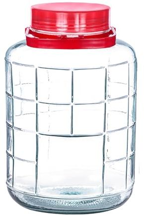TWO TIGERS Tarro de Cristal con Tapa y Asa Roja. Capacidad 12L. Bote de Cristal para Líquidos o Comida. Doble Tapa para Colar Líquidos. Uso Doméstico u Hostelero (12L)