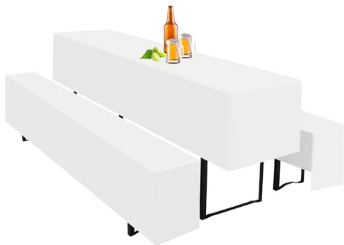 Teruntrue Bierzeltgarnitur Set 3tlg. Einzigartig Gestaltete Hussen für Bierzeltgarnitur 220 x 50cm – 1 Husse Biertisch + 2 Bierbank in Weiß - Biertischhusse Bierbankhusse – Weiß