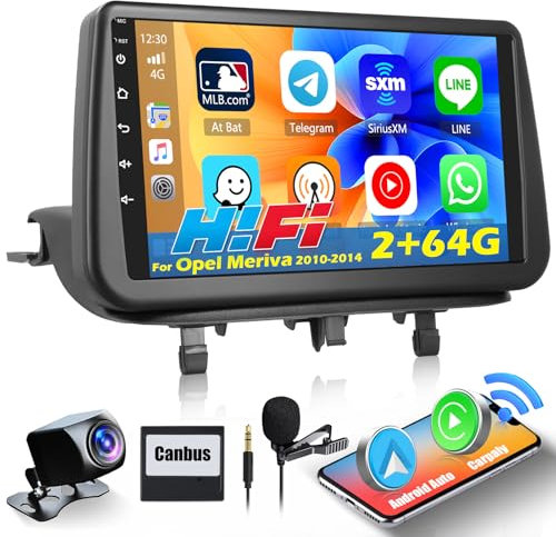 Ohradio 2+64GB Android 15 Autoradio für Opel Meriva B 2010-2017 mit Wireless Carplay und Wireless Android Auto, 9-Zoll-Touchscreen, WiFi, HiFi,GPS, BT RDS/FM SWC+Rückfahrkamera+MIC