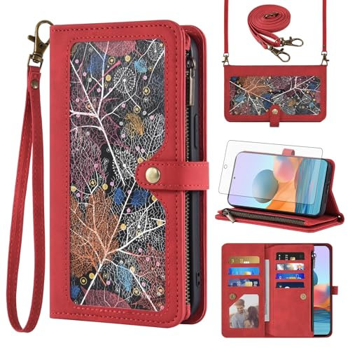 Asuwish Funda para Xiaomi Redmi Note 10 Pro/10Pro Max funda con cinta protectora de pantalla tarjetero plegable cuero monedero soporte Note10 ProMax M2101K6G teléfono móvil funda funda teléfono rojo