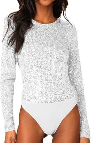 JWJP&CCYIQI Long Sleeve Sequin Bodysuit Glitter Sparkle One Piece Top Sheer Mesh Thong, Silver, Medium