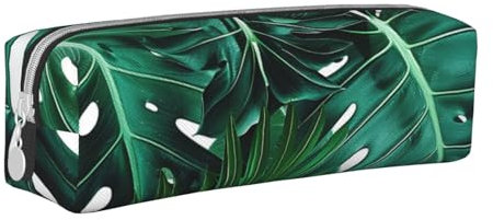 Jolie trousse à crayons en cuir avec imprimé feuilles de palmier vertes - Grande trousse à crayons - Pour hommes, femmes, adolescents, étudiants, blanc, Taille unique, Cartable