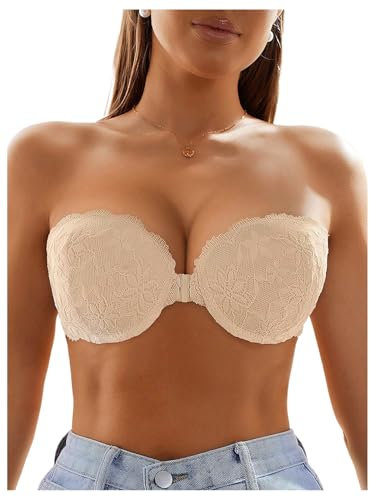 GORGLITTER Women's Strapless Underwire Front Fastening Bras Scalloped Lace Bandeau Bras Beige 32A