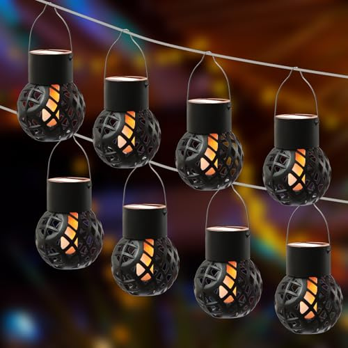 LED Solar Hängeleuchten Feuerball Kugelleuchte mit Flammeneffekt Solarleuchten Solarlampen Gartenkugel zum Aufhängen für Garten Terrasse Balkon H: 9cm mit Dämmerungssensor (8 Stück)