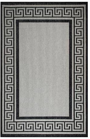 oKu-Tex In- & Outdoor Teppich UV-resistenter Teppich für draußen und drinnen, Balkon, Veranda, Küche, Bad Sisaloptik griechische Bordüre grau schwarz, 200 x 290 cm