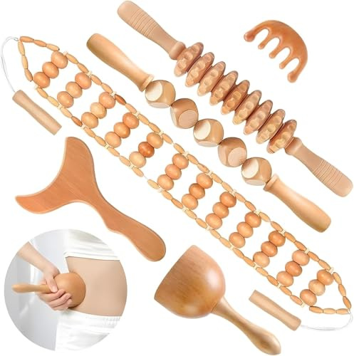 Ensemble d'outils de massage en bois 6 en 1 professionnel complet Maderoterapia Rouleau de massage Gua Sha Kit de massage fascia Rouleau Outils de sculpture du corps pour façonner le corps Soulagement