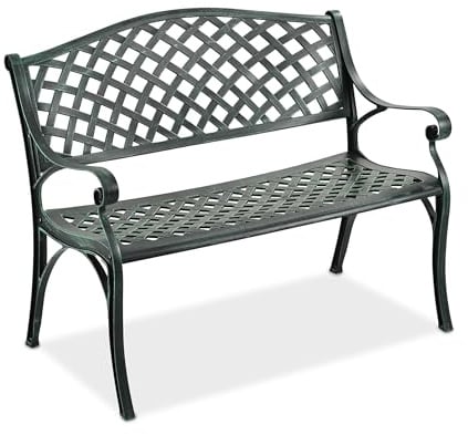 Relaxdays patio bench, 2-seater, HxWxD: 82 x 102 x 60 cm, cast aluminium, antique style, garden, balcony, black/green