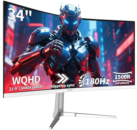 ZZA UltraWide Monitor curvo da 34 pollici, 1500R, display per PC, 180 Hz, frequenza di aggiornamento WQHD 3440 x 1440, monitor da gioco per computer VA, pannello AMD FreeSync Premium, HDR10, 99%