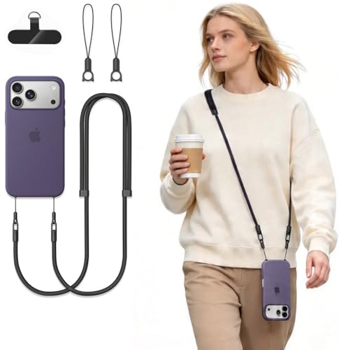 Handykette Universal Verstellbar Handyband zum Umhängen Handy Kette Lanyard Umhängeband für iPhone 17 17 Pro 17 Pro Max 17 Air Allen Handyhülle mit 2 Katzen Anhänger 1 Patch für Reisen Outdoor Schwarz