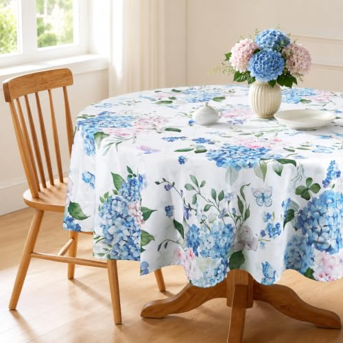 Arquiel Mantel Redondo 180x180 cm de Tela Lavable, Estampado de Hortensias Azules, Campestre Primavera Verano para Cocina y Comedor